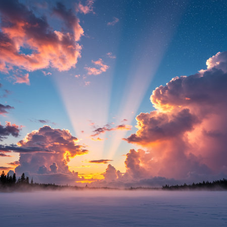 Frozen lake at sunset with rays of light passing through the cloudsの素材