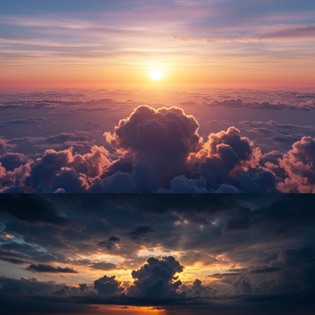 Beautiful sunset above the clouds. Collage. Nature background.の素材