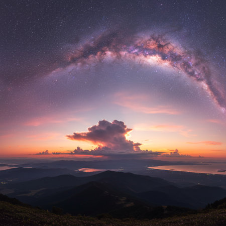 Milky way over the mountains in the morning. Carpathians, Ukraineの素材