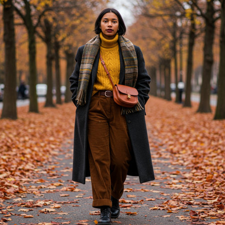 Fashionable african american woman in checkered coat and brown turtleneck walking in autumn park.の素材