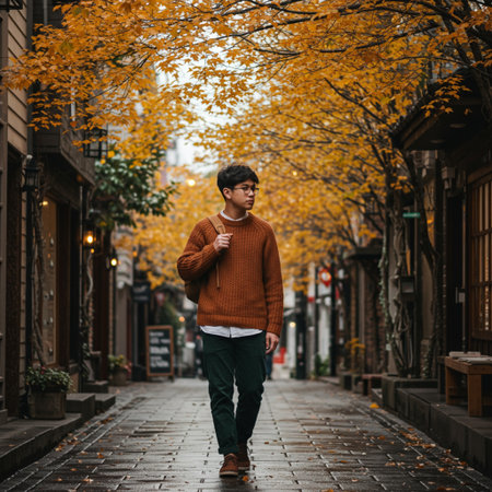 Young handsome Asian man in a warm sweater and jeans is walking in the autumn street.の素材