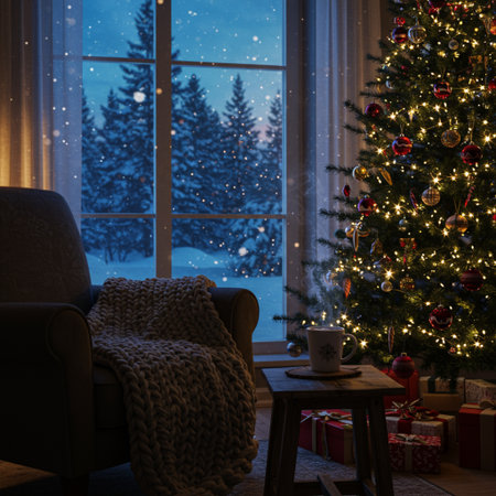Christmas tree with presents by the window at night. 3d renderingの素材