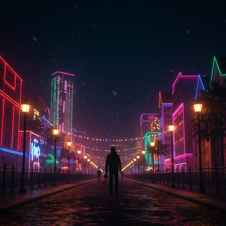 Man walking in the night city at night. 3D Renderingの素材
