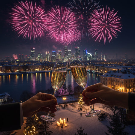 Glasses of champagne and fireworks over cityscape at night, celebration conceptの素材
