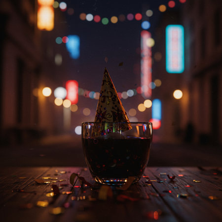 Party hat on a glass of wine on a wooden table at night.の素材