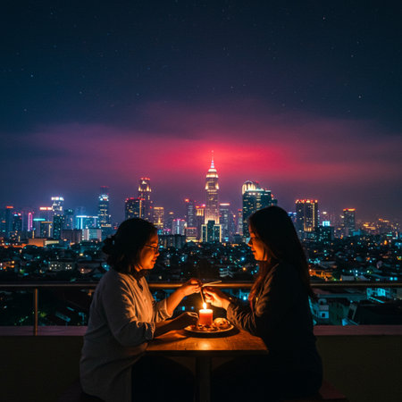 Two girls sitting on the roof of a building and looking at the night city.の素材