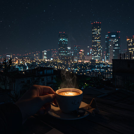 A cup of coffee with a view of the city at night.の素材