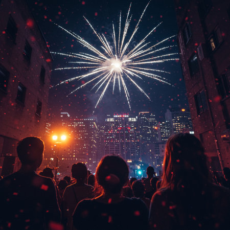 New York City people watching a fireworks display in midtown Manhattan.の素材