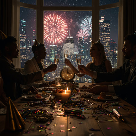 Group of friends celebrating New Year Eve with champagne glasses and fireworks at nightの素材
