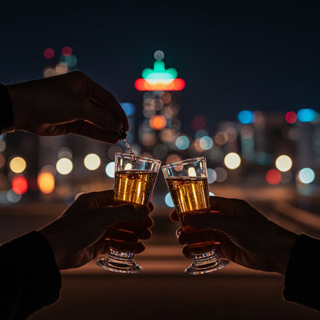 Close up of male hands holding glasses of champagne. Night city background.の素材