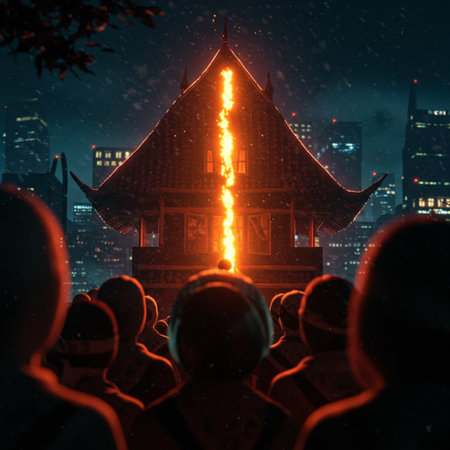 Group of people watching a big fire on the roof of a templeの素材