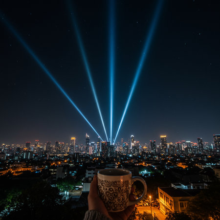 Coffee cup and laser show in the city at night.の素材