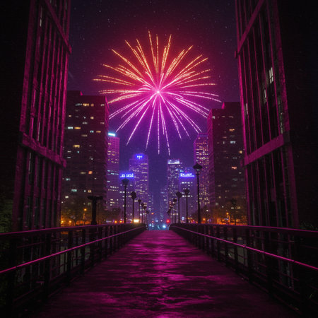 Fireworks over Chicago skyline at night, Illinois, United States.の素材