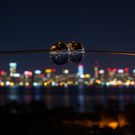 Water drops on a rope at night with cityscape in the backgroundの素材
