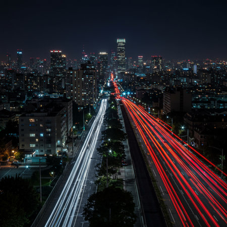 Light trails on the road at night in Seoul, South Korea.の素材