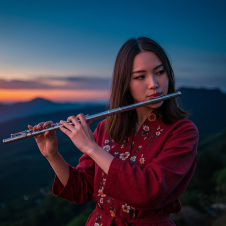 Beautiful asian girl playing flute on the mountain at sunsetの素材
