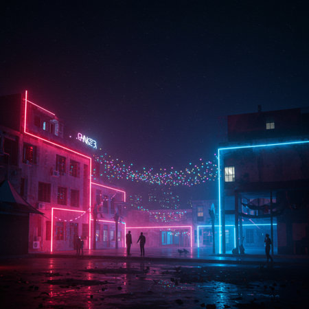 Night city with neon lights and people walking on the street. Night life concept.の素材