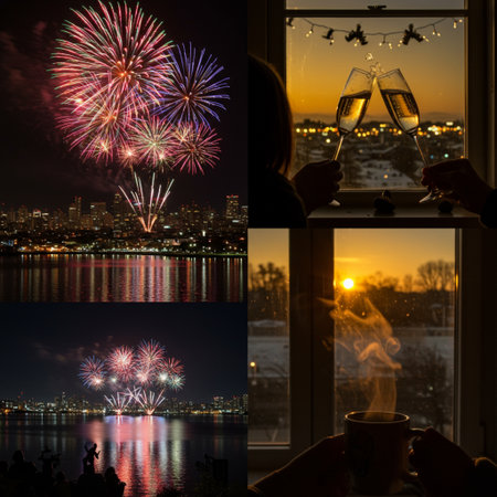 Silhouette of a couple drinking champagne and watching fireworks on the background of the cityの素材