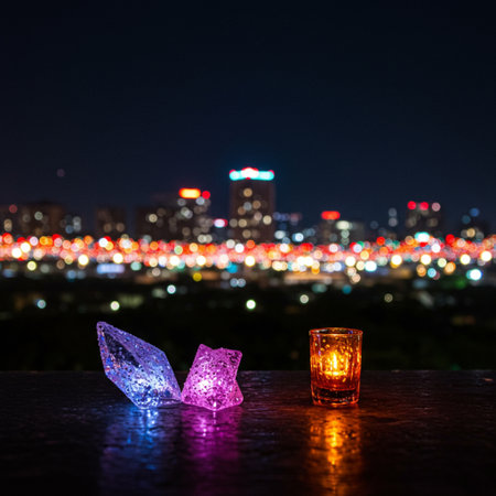 Candle and crystal on the table with cityscape background at nightの素材