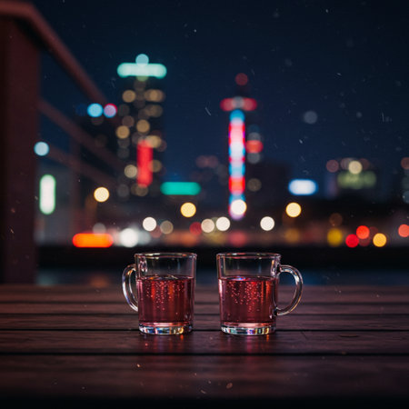 Two glasses of red tea on a wooden table in the city at nightの素材