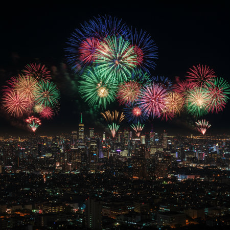 Fireworks celebrating over the cityscape at night, Bangkok, Thailandの素材