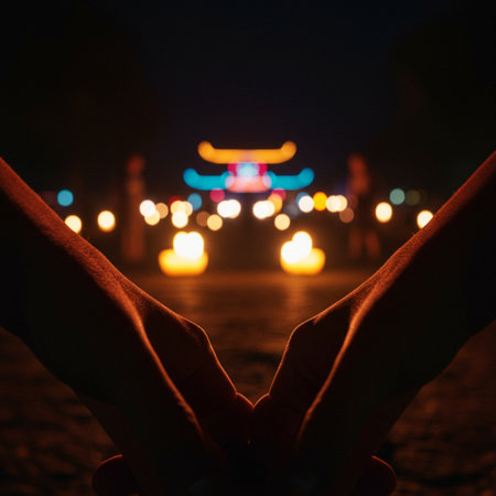 Silhouette of hands holding a candle in the temple at nightの素材