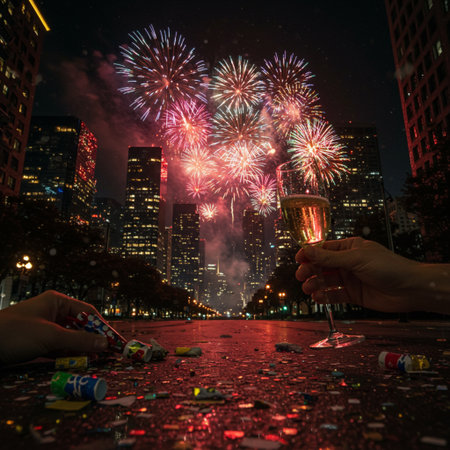 New Year's Eve celebration with champagne glasses and fireworks in the cityの素材