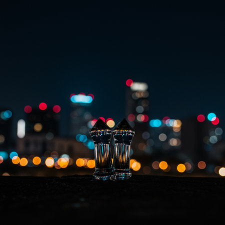 Closeup shot of two glasses of whiskey on the background of the night cityの素材