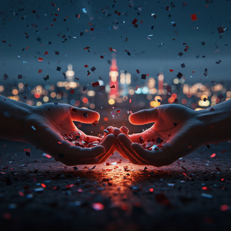 Hands of a man and a woman on the background of the cityの素材
