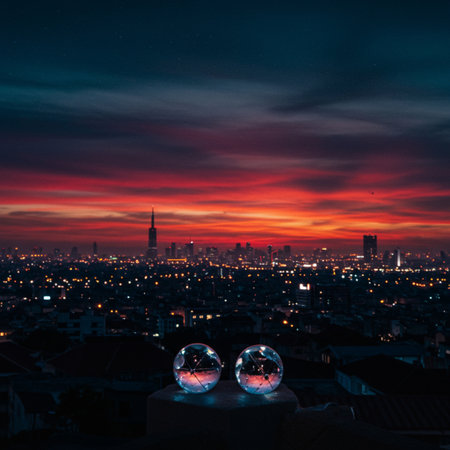 Glowing glass balls against the background of the city at sunset.の素材