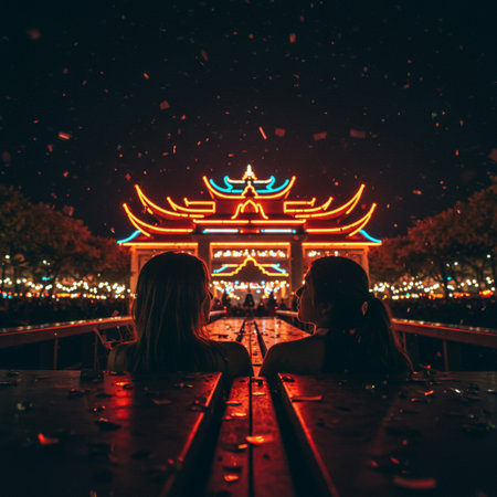Couple kissing on a bridge at night in Shanghai, China.の素材