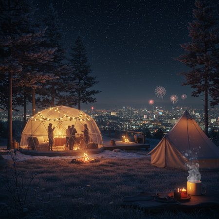 Camping in the forest at night. Beautiful view of the city.の素材