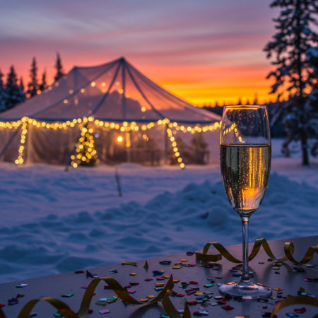 Glasses of champagne on the background of a tent and Christmas lightsの素材