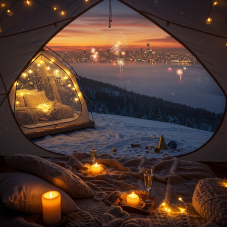 View from the window of a camping tent on the winter mountains.の素材