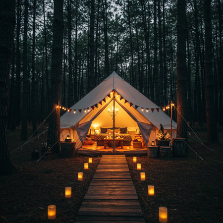 Camping tent in the pine forest at night. Camping conceptの素材