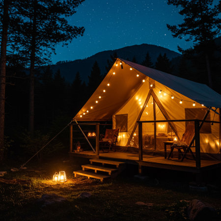 Camping in the woods at night. The tent is illuminated by yellow lights.の素材