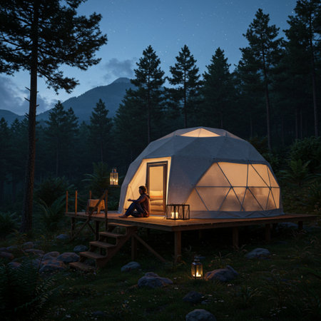 3D rendering of a girl sitting in a tent in the forest at nightの素材