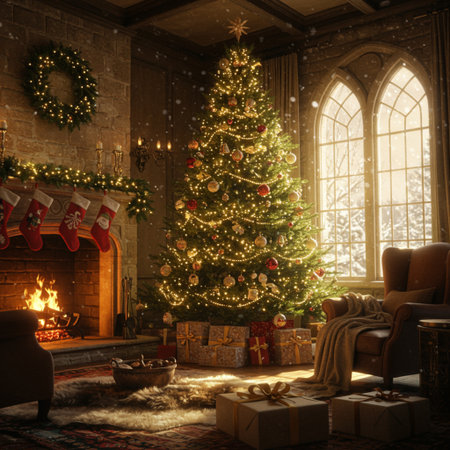Christmas tree with presents and fireplace in the living room. 3d renderの素材