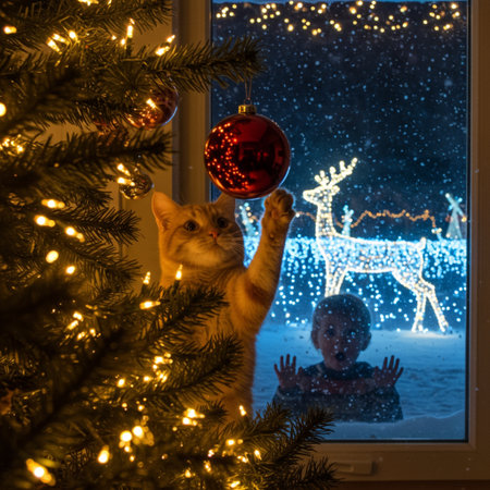 Cute cat looking out the window at the Christmas tree with a red ball in his handの素材