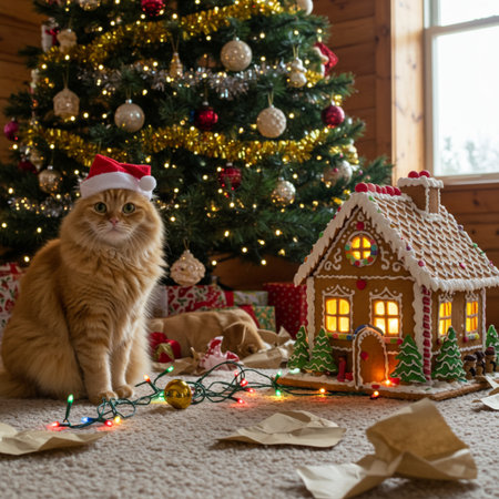 Cute ginger cat in santa hat sitting near christmas treeの素材
