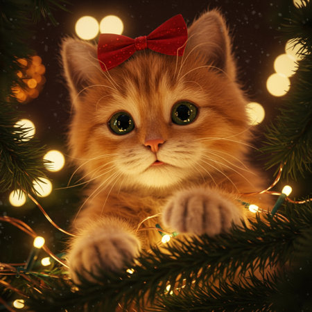 Cute ginger kitten in a red bow on the background of the Christmas tree.の素材