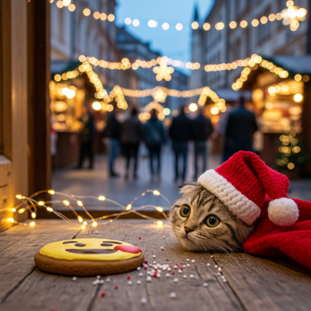 Cute cat in santa hat with gingerbread cookies on Christmas market in Riga, Latviaの素材