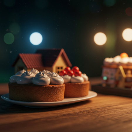 Miniature house and cupcakes on a wooden table. Selective focus.の素材