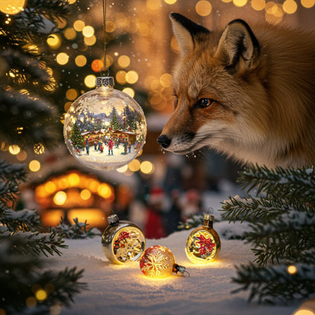 Christmas and New Year holidays background. Fox in the snow with Christmas balls.の素材