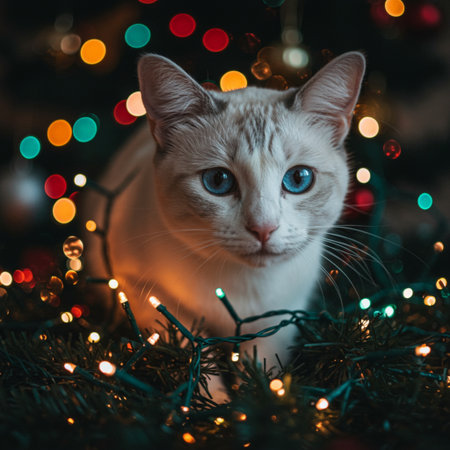Cute white cat with blue eyes on background of Christmas tree.の素材