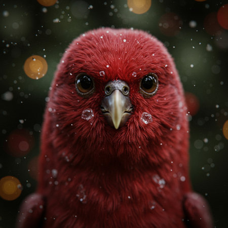 Beautiful red parrot on Christmas background with bokeh.の素材