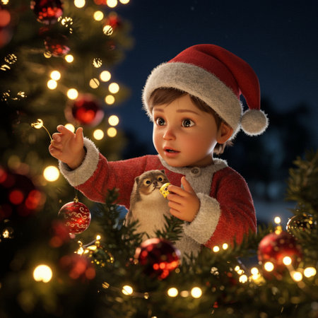 Cute little boy in Santa hat with Christmas tree on background.の素材