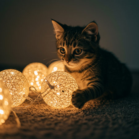 Cute tabby kitten with christmas lights on dark background.の素材