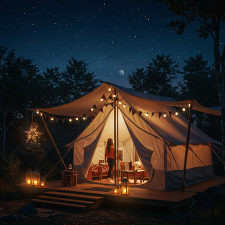 Beautiful girl in a tent on the background of the starry skyの素材