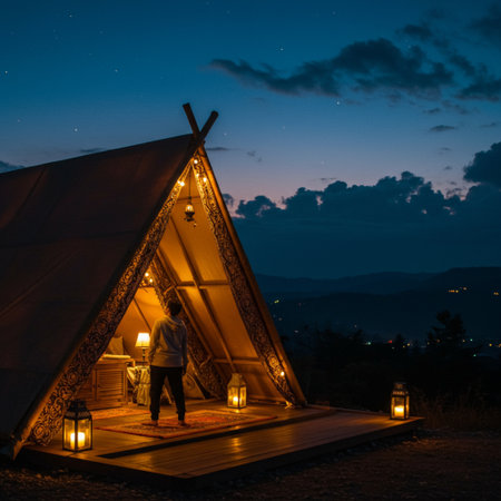A young woman in a teepee at night in the mountains.の素材